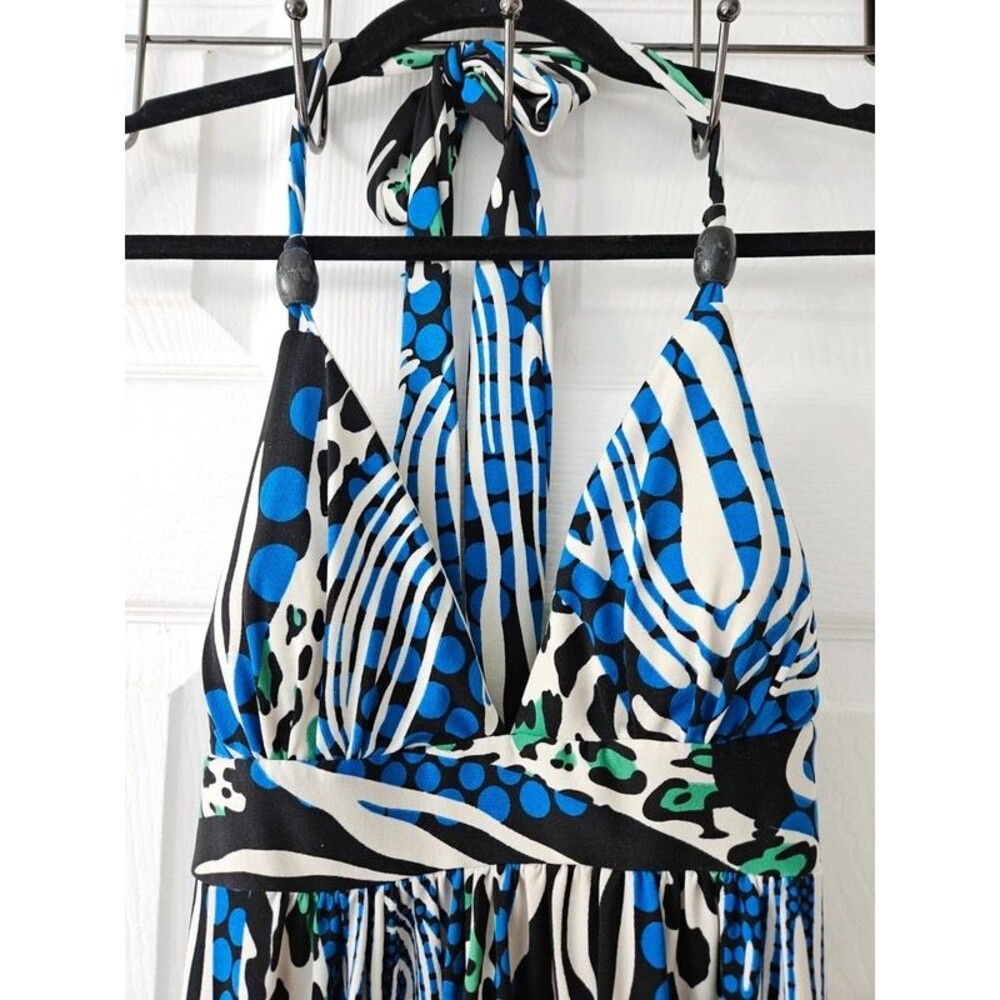 Alyn Page Blue & White Floral Halter Maxi Dress With Geometric Print
